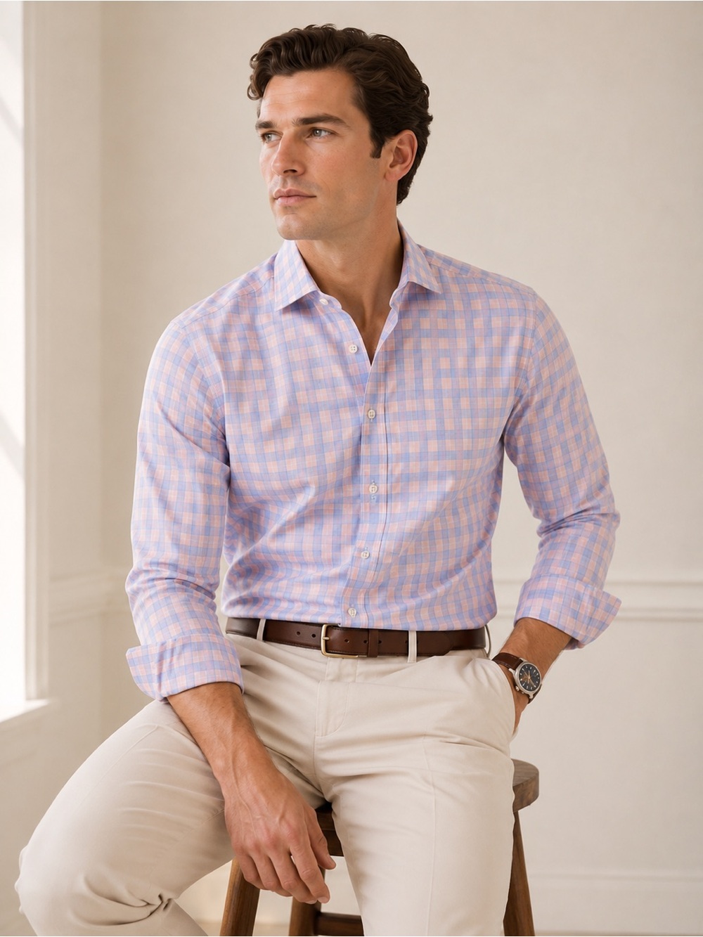 Charles Tyrwhitt Pink & Blue Gingham Checked Extra Slim Fit Non-Iron Dress Shirt